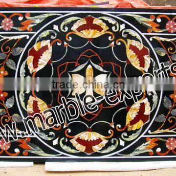 Black Pietre Dure Handcrafted Marble Stone Inlaid Pietre Dure Dining Table Top