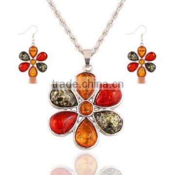 Resin flower earring and necklace for women summer new 3pcs set cheap amber jewelry