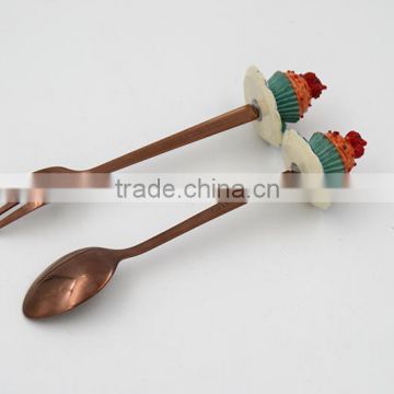 Rose gold plated stainless spoon fork set with resin head