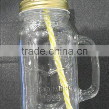 660ml drinkware clear glass handle jar with straw checkered lid