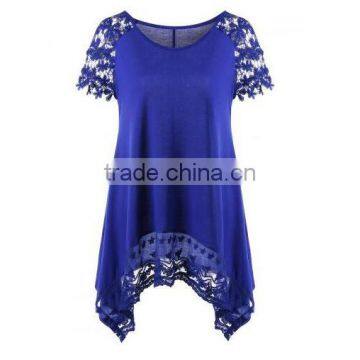 high quality bulk blank t-shirts Women Plus Size Lace Trim Asymmetrical T-Shirt