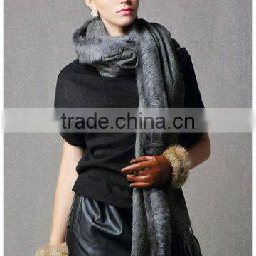 CX-B-P-21 Women Fashion Cashmere Pashmina Shawl With Fur Trim photo-4