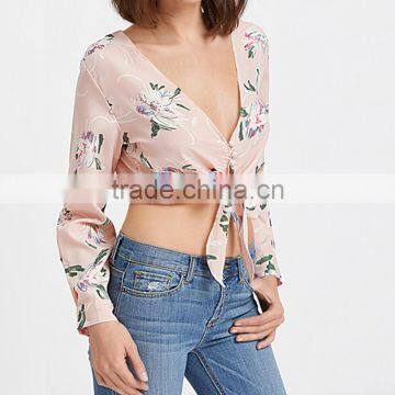 Maxnegio Flower Print V Neck Woman Blouse Ladies Crop Top photo-3