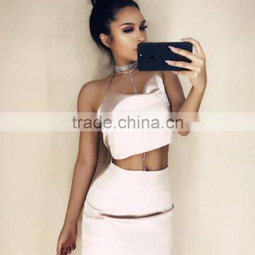 2017 Clothes Women Ladies Sexy Halter Fashion Women Top + Knee Length Satin Skirt photo-4