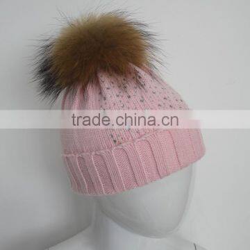 Myfur Baby Pink High Quality Wool Acrylic Knitting Hat and Cap With Raccoon Fur Ball Wholesale photo-3