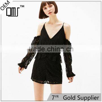 New fancy design short dance wear all black lace jumpsuit