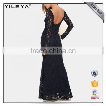Guangzhou Factory Offer Long Sleeve Sexy Black Elegant Women's Crochet Lace Dress 2017 Designs ,women Lace Long Evening Dress photo-3
