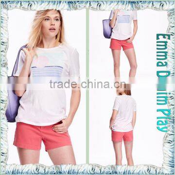 2016 Manufacturers China Ladies Sexy White Silk Printed Scoop Neck Cotton Tee Shirts photo-4