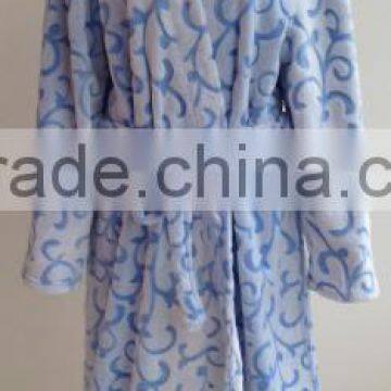 Custom lady's shawl collar style embossing print flannel bathrobe