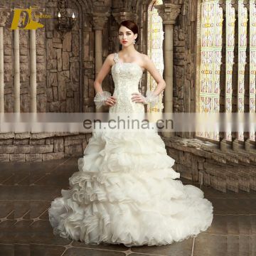 BN82 One Shoulder Lace Appliqued Ruffles Bottom Mermaid Cut Latest Wedding Gown Designs