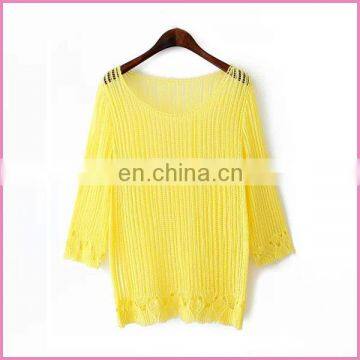 Simple loose design hollow out blouse long sleeves the bottom with crochet flower