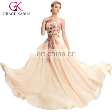 Grace Karin Sweetheart Long Chiffon Peacock Feather Apricot Evening Dress 2016 CL6168-4#