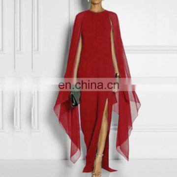 Fashion Chiffon Maxi Dress Solid Round Neck Batwing Sleeve High Slit Prom Dress photo-2