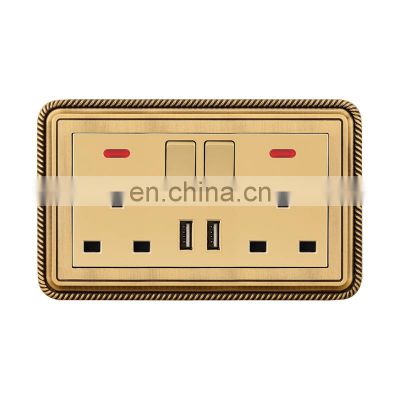 UK Standard Double 3 pin Wall Socket With Switch Copper Wire Drawing Panel With USB Sockets And Switches Electrical With LED Lig