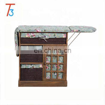 folding ironing board wood cabinet with storage basket drawer