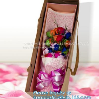 flower carrier bag for gift, paper bag for carry flower,Waterproof white Kraft paper flower bag for packing with ribbon