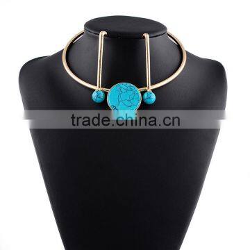 Fashionable Turquoise Jewelry Gold Choker Earrings Necklace Set photo-2