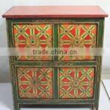 antique tibetan rustic wooden hand painted bedside cabinet