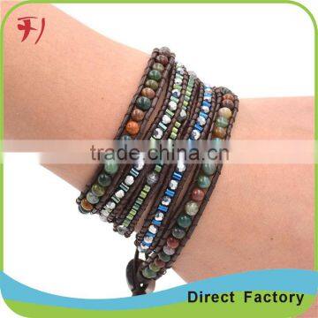 Blue Turquiose And Glow Glitterings 5 Wrap On Dark Blue Real Leather Bracelet photo-6