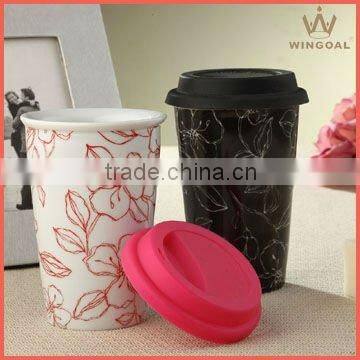 new design porcelain decal cffee mug with silicone lid Travel mug