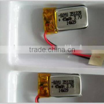 lithium polymer battery for bluetooth headset /351220 Li polymer battery 3.7v 45mah