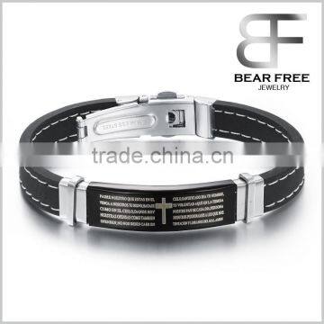 Vintage Mens Rubber Silicone Stainless Steel Bracelet Lords Prayer Cross Cuff Bangle Black