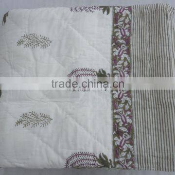 Indian Hand Block Print Pure White Kantha Cotton Quilt photo-3