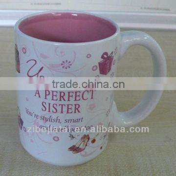 Big Capacity Inner Pink Glazed Stoneware Promotion Gift Mug with Full Decal