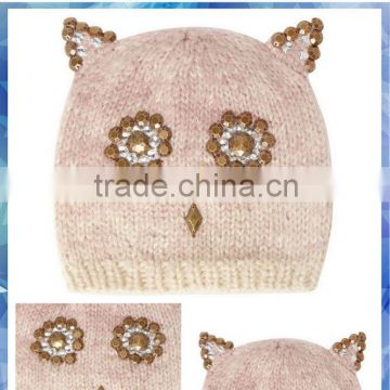 novelty owl face knitted hats made in china with studs ear nose and eyes