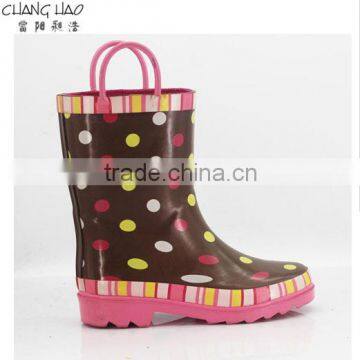 2016 New Design Rubber Rain Boot For Children brown ground has colorful dots printed