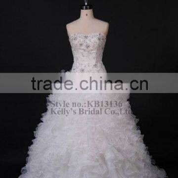 2015 china latest sexy ivory beaded lace complex organza skirt crystal white wedding dresses