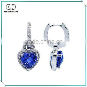 Hot sale white gold plated blue sapphire heart dangle earrings