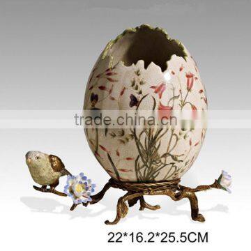 Elegant Porcelain Jar Vase With Brass Base, Blue & White Design Ceramic Egg Shaped Vase, Home Decor Imitate Bird Flowr Pot photo-2