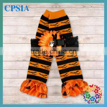 Latest Orange Yellow and Black Deisgn Classic Chiffon Ruffled Baby Leg Warmer Match Headband Set