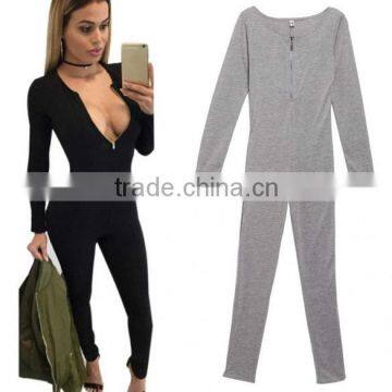 Wholesale Adult Black Gray Casual Party Club Sexy Long Sleeve V-Neck Bodycon Bandage Jumpsuits Woman Full-Length Pencil Rompers