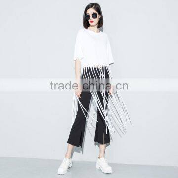 Guangzhou Clothing OEM o Neck Half Sleeves Black Long Tassels Tshirt photo-5