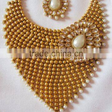 Polki Gold Tone Pearl Bollywood Necklace EARRING Set Bridal photo-2