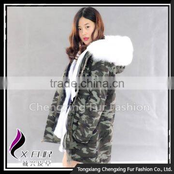 CX-G-P-08B Fox Trim Hood Women Real Rex Rabbit Fur Lining Fur Parka Jacket photo-2