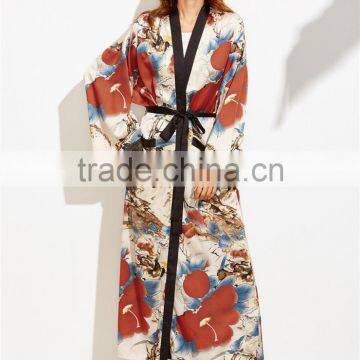 Custom Floral Print Women Beachwear Multicolor Flower Print Contrast Trim Belted Maxi Kimono photo-4