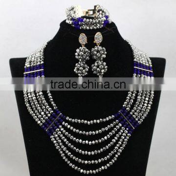 Silver and Navy Nigerian Wedding Coral Beads Necklace African Bracelet Earrings Jewelry Sets