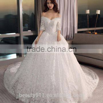 2017 Sheath illusion Scoop Three-quarter V-Neck Sleeves Empire Long tail Puddle Train Lace Wedding Dress TS30