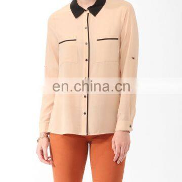 CHEFON Contrast Trim Relaxed Fit Patchwork Open Back Blouse With Low Back