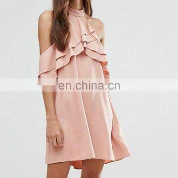Summer Ruffle Lovely Pink Neck Cuff Strapless A Line Mini Dress Fashion Women Dress