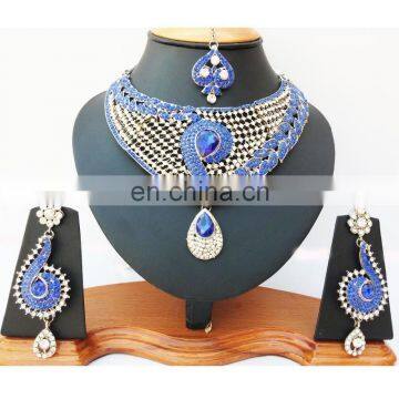 MODISH BOLLYWOOD A.D DESIGNER WEDDING SILVER PLATED NECKLACE EARRINGS TIKA JEWELRY SET