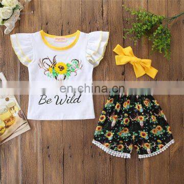 Baby Infant Clothing Set Kids Summer Clothes Deer Cow Ruffles Tops T-shirt Sunflower Tassel Shorts Toddler Outfit photo-2