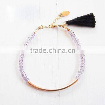 Wholesale Rose Quartz Bead Bracelet With Green Tassel Charm Brass Tube for Girl photo-3