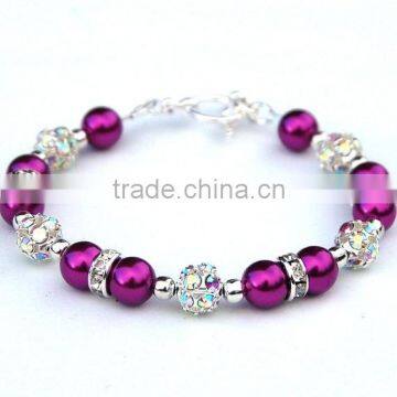 Kids diy colorful glass faux pearl bracelet with roumd white diamond ball bracelet