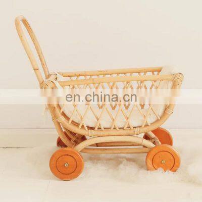 New Arrival Pram Children's Rattan Stroller on Wheels TROLLEY for doll Wicker Basket for Home Organizing Wholesale Supplier