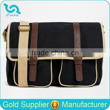 Fashion Men Black Canvas Shoulder Messenger Bag With Leather Look Straps