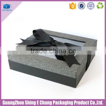 Luxury iron-gray paper printed gift box packaging,window paper gift box,ribbon paper gift box